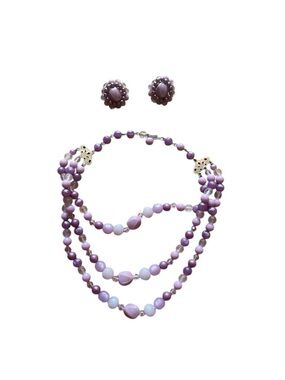 Vintage Costume jewelry Lavender Beaded Necklace and Clip-On Earring Set